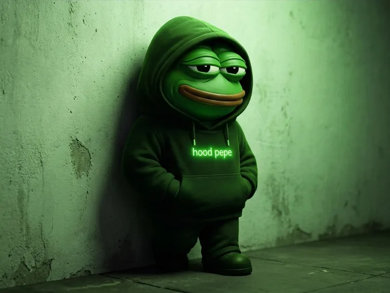 Hood Pepe leaning on wall